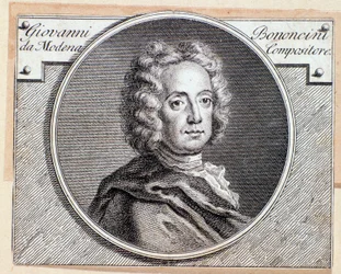 Portrait du compositeur baroque italien et violoncelliste Giovanni Battista Bononcini. Gravure. 18e siècle