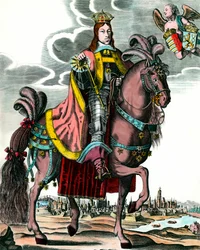Portrait équestre de Léopold Ier, empereur du Saint-Empire romain germanique. Gravure du XVIIe siècle. Collection privée.