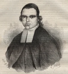 Portrait de Louis Bonafous, en religion frère Léotade, accusé de viol et de meurtre. Il mourut au bagne de Toulon le 27 jan. 1850. Gravure dans « Histoire des bagnes depuis leur création à nos jours » (1877) de Pierre Zaccone (1817-1895) (Colonie pénale
