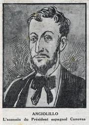 Portrait de Michele Angiolillo Lombardi, dit Jose Sants ou Rinaldini, anarchiste italien (1871-1897), assassin du président du Conseil espagnol, Antonio Cánovas del Castillo (1828-1897). Gravure dans „L