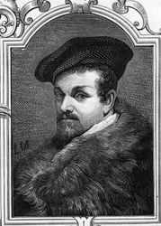 Portrait de Pier Francesco Mazzucchelli dit il Morazzone (1573-1626) peintre italien. Gravure de 1859 dans « Les galeries de l