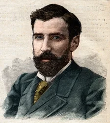 Portrait de Pietro Paolo Savorgnan di Brazza ou Pierre Paul François Camille Savorgnan de Brazza en français (1852-1905) Gouverneur général du Congo français. Gravure dans "Le Petit Parisien"