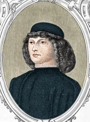 Portrait du peintre italien Giovanni Bellini dit il Giambellino (1425/1433-1516), gravure de 1859 dans « les galeries d