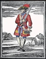 Portrait du pirate Jack Rackham dit le Rouge ou John Rackham, mieux connu sous le nom de Calico Jack (? 1720). Gravure.