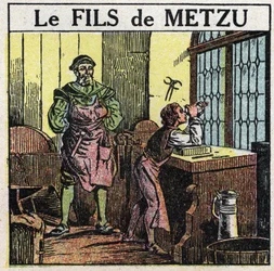 Prismes et lentilles : le fils de Metzu. Le Néerlandais Jacob Metzu (Jacques Metius) a découvert le télescope par hasard en 1609, en regardant son fils jouer avec des verres concaves et convexes. Illustration anonyme de 1925. Collection privée.