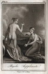 Psyché suppliant. Gravure de 1819 dans « Lettres à Émilie sur la mythologie » par Charles Albert Demoustier (1760-1801). Collection privée