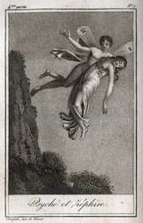 Psyché emportée par Zéphyr. Gravure de 1819 dans « Lettres à Émilie sur la mythologie » de Charles Albert Demoustier (1760-1801). Collection privée.