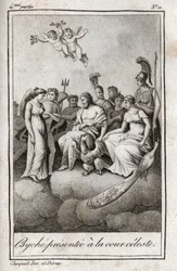 Psyché présentée à la Cour céleste. Gravure de 1819 dans « Lettres à Émilie sur la mythologie » de Charles Albert Demoustier (1760-1801). Collection privée.