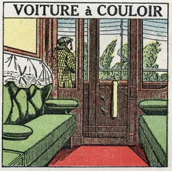 Chemins de fer : wagon-couloir. Illustration anonyme de 1925. Collection privée.