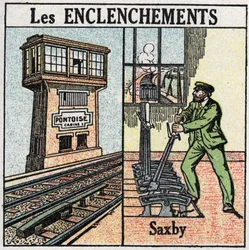 Chemins de fer : enclenchement. Une gare ferroviaire utilisant des leviers individuels Saxby. Illustration anonyme de 1925. Collection privée.
