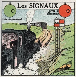 Chemins de fer : signaux utilisés pour assurer la sécurité du trafic. Illustration anonyme de 1925. Collection privée.