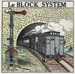 Chemins de fer : le système de bloc utilisé autour des grandes villes pour éviter les collisions. Illustration anonyme de 1925. Collection privée.