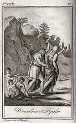 Représentation de Deucalion et Pyrrha, les seuls survivants après le déluge causé par Zeus pour détruire la race humaine. Thémis après le déluge leur demande de marcher la tête couverte en jetant derrière eux les os de leur mère (les pierres de la Terre).