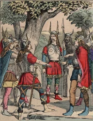 Représentation de Vercingétorix (vers 80-vers 46 av. J.-C.), guerrier et chef gaulois de la tribu des Arvernes, choisi par son peuple pour mener la guerre contre les Romains (Portrait de Vercingétorix, 82 av. J.-C.-46 av. J.-C., chef de la tribu des