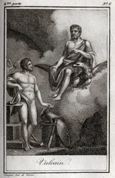 Représentation de Vulcain, dieu du feu, de la forge et des volcans. Gravure de 1819 dans "Lettres à Emilie sur la mythologie" par Charles Albert Demoustier (1760-1801). Collection privée.