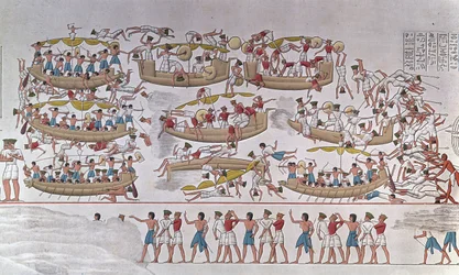 Représentation de la bataille du delta du Nil entre les armées de Ramsès III et les Peuples de la mer. D
