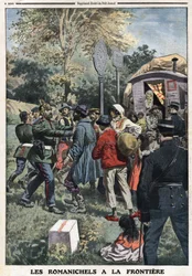 Romanichels à la frontière : les gendarmes français relèguent les familles nomades à la frontière allemande ou les gendarmes allemands les empêchent de pénétrer dans leur pays. Gravure dans « Le Petit Journal », le 8/09/1912. Collection privée.