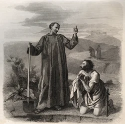 Saint Benoît de Nursie accueillant Totila (6ème siècle) roi des Ostrogoths. Gravure de 1846 dans "Vies des saints". Collection privée.