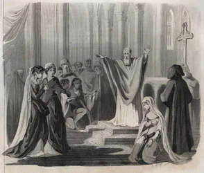 Saint Dunstan (ca. 909-988), évêque de Canterbury, bénédictin et réformateur de la vie monastique en Angleterre, annonçant sa mort imminente au peuple. Gravure de 1846 dans « Vies des saints ». Collection privée.