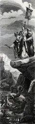 Saint Front (premier évangélisateur du Périgord) (IIIe siècle) précipitant le dragon dans la Dordogne - Gravure de 1846 dans « Vies des saints ». Collection privée