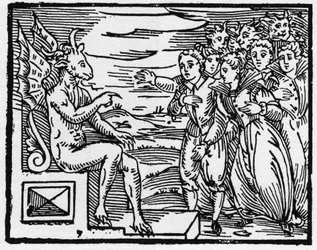 Satan demande un pacte aux nouveaux sorciers - « Compendium Maleficarum », traite des sorcières, de leurs maux et de leurs sortilèges par Francesco Maria Guazzo ou Guaccio ou Guaccius (15?? -16??) 1608 Collection Privée