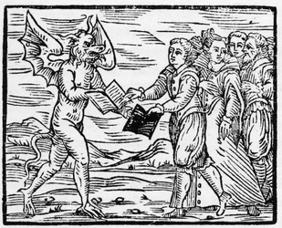 Satan présente un livre noir à ses adeptes en échange du livre des Évangiles - « Compendium Maleficarum », sur les sorcières, leurs malheurs et leurs sortilèges, par Francesco Maria Guazzo ou Guaccio ou Guaccius (15?? -16??), 1608, Collection privée