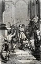 Saturnin de Toulouse (Saint Sernin, premier évêque chrétien de Toulouse) (IIIe siècle) arrêté au Capitole de Toulouse - Gravure de 1846 dans « Vies des saints ». Collection privée