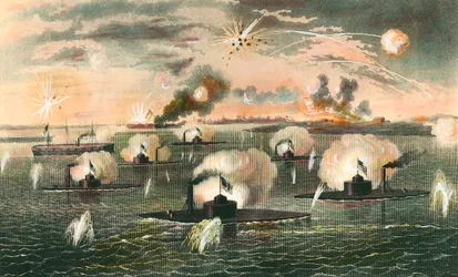 Guerre de Sécession (1861-1865) : Attaque des batteries flottantes pendant la guerre de Sécession. Gravure vers 1865. Collection privée