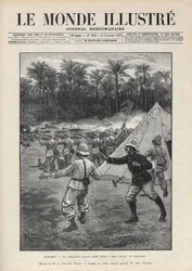 Seconde guerre du Dahomey (1892-1894) : mort du commandant français Faurax lors de la bataille de Dogba le 19 septembre 1892 au Dahomey (actuel Bénin). Gravure dans « Le Monde Illustré » de 1892. Collection privée.