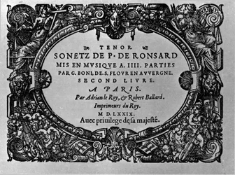 Deuxième volume des Sonnets du poète français Pierre de Ronsard (1524-1585) mis en musique par Guillaume Boni. Paris 1579