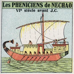 Navires et bateaux : marins phéniciens au service du pharaon Nechao au VIIe siècle av. J.-C. Illustration anonyme de 1925. Collection privée.