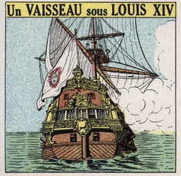 Navires et bateaux : un navire sous Louis XIV (1638-1715). Illustration anonyme de 1925. Collection privée.
