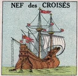 Navires et bateaux : la nef royale « Montjoie » du roi Saint Louis (1214-1270) pendant les croisades. Illustration anonyme de 1925. Collection privée.