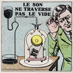 Énergie sonore : le son ne se propage pas dans le vide. On met une cloche électrique dans une cloche fermée puis on la vide. Illustration anonyme de 1925. Collection privée