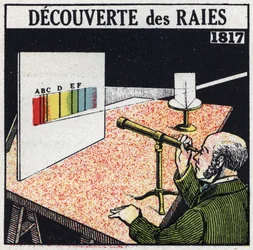 Analyse spectrale : découverte des rayons par Joseph von Fraunhofer (1787-1826) en 1817. Illustration anonyme de 1925. Collection privée.