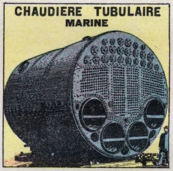 Générateurs de vapeur : chaudière tubulaire marine. Illustration anonyme de 1925. Collection privée.