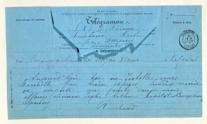 Télégramme de Rimbaud à sa mère, Marseille, 22 mai