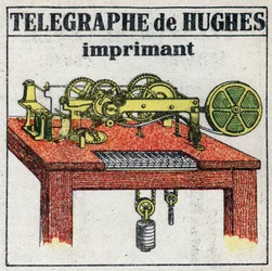 Télégraphe : imprimante télégraphique électrique par David Edward Hughes (1831-1900). Illustration anonyme de 1925. Collection privée.