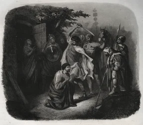 La Décollation de Saint Julien (martyre). Gravure de 1846 dans « Vies des saints ». Collection privée.