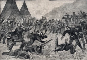 La révolte indienne aux États-Unis : un combat entre les Indiens Sioux et les troupes américaines. Gravure dans "Le petit Parisien" de 1891. Collection privée.