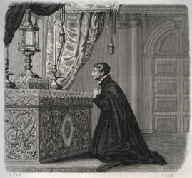 Le jésuite italien Louis de Gonzague (San Luigi Gonzaga) (1568-1591) en prière. Gravure de 1846 dans "Vies des saints". Collection privée.