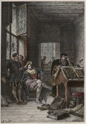 Le roi de France François Ier (1494-1547), protecteur des arts et des lettres, visitant les ateliers des imprimeurs Estienne, vers 1540