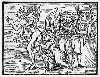 Le rituel du sabbat : le baiser sur les fesses du diable - "Compendium Maleficarum", traite des sorcières, de leurs malheurs et de leurs sortilèges de Francesco Maria Guazzo ou Guaccio ou Guaccius (15?? -16??) 1608 Collection privée