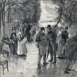 La promenade des bouquinistes sur les quais à Paris. Gravure dans "Le Petit Parisien" du 30/10/1892. Collection privée