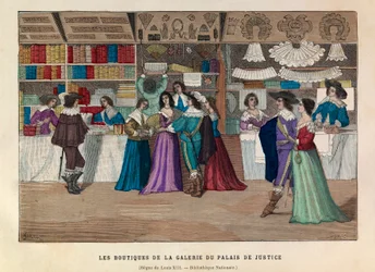 Les boutiques de la galerie du Palais de Justice à Paris sous le règne de Louis XIII au 17ème siècle