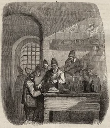 La cantine du bagne de Brest au XIXe siècle. Gravure dans « Histoire des bagnes depuis leur création à nos jours » (1877) par Pierre Zaccone.