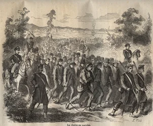 La chaîne commencée au bagne de Toulon au XIXème siècle. Gravure dans « Histoire des bagnes depuis leur création à nos jours » (1877) par Pierre Zaccone. Collection privée.