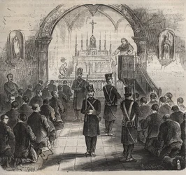 La chapelle du bagne de Toulon au XIXe siècle. Gravure dans « Histoire des bagnes depuis leur création à nos jours » (1877) par Pierre Zaccone.