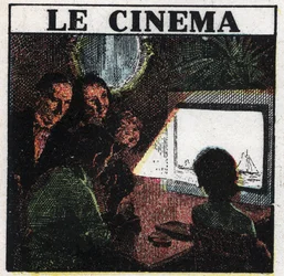 Le cinématographe : une famille regardant un film sur un écran. Illustration anonyme de 1925. Collection privée.