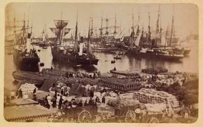 La ville de Marseille et ses environs vers 1885-1890 : Bassin de la Joliette, embarquement de cargaison sur des chats